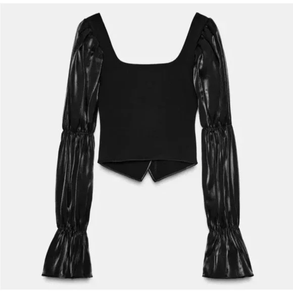 Zara Black Puff-Sleeve Button-Front Blouse - Picture 5 of 9